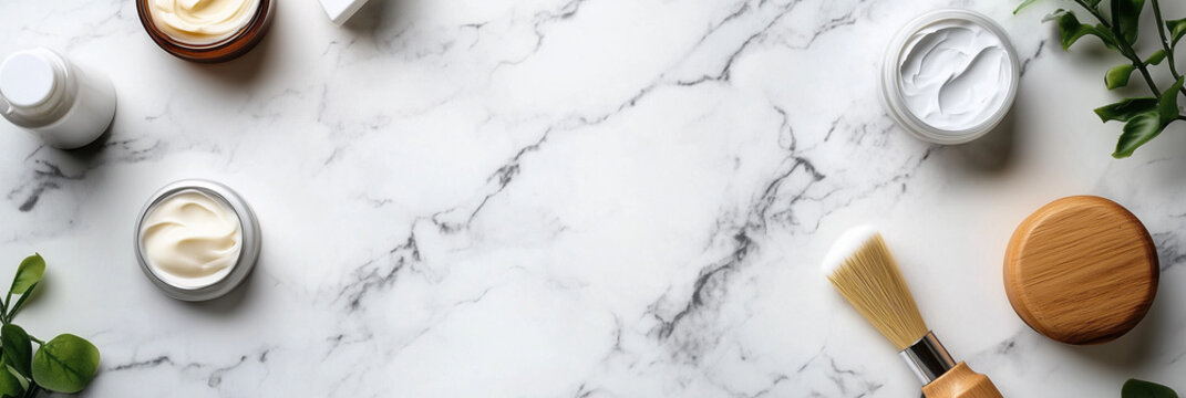 Different moisturizing textures in elegant containers. The image highlights skincare diversity and luxurious self-care rituals. Banner, flatly, top view, space for text, free space