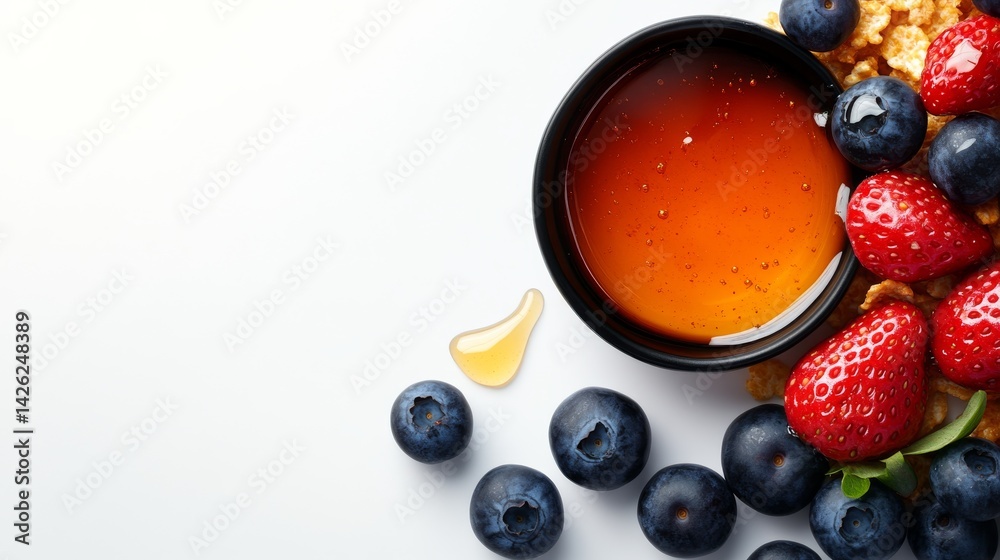 Poster close-up view of a bowl filled with cornflakes topped with vibrant strawberries and blueberries, dri