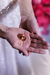 Wedding rings in hands of the newly-married couple.