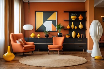 Mid-Century Modern Living Room Design Orange and Yellow Decor Inspiration