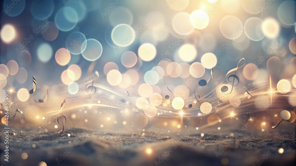 Poster magical musical notes floating on a glittering surface