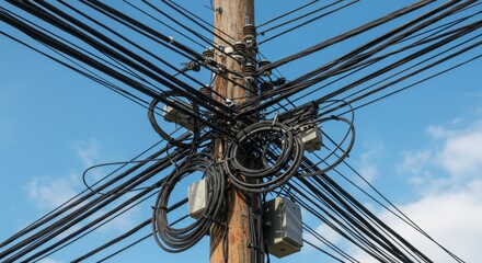 Complex Network of Utility Pole Cables and Wires - A dense network of cables and wires on a utility pole symbolizes modern communication, infrastructure complexity, technological advancement