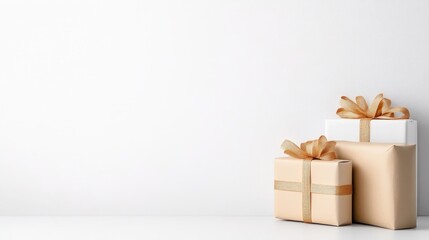 Obraz premium Three elegantly wrapped gift boxes with ribbons on a minimalist white background, showcasing a clean and simple composition, and perfect for holiday or celebration concepts.