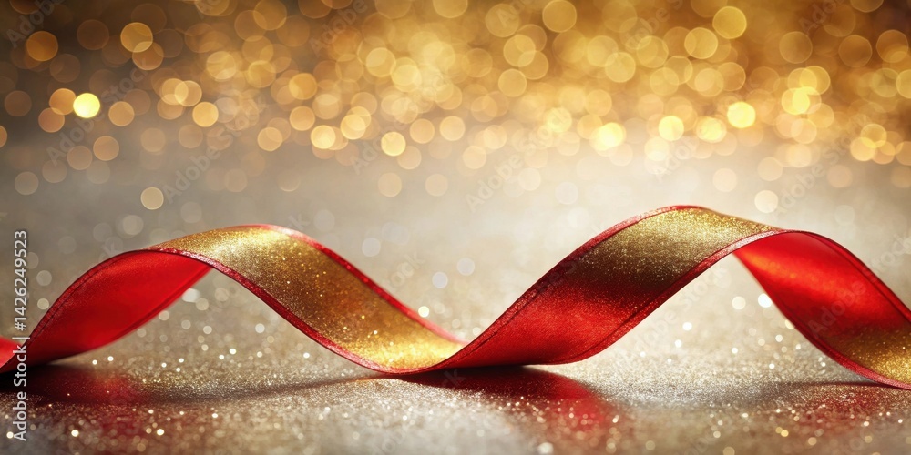 Poster red and gold ribbon elegantly curved on shimmering surface