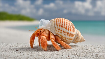 A close up of a hermit crab carrying a plastic cap instead of a shell on a sandy shore with scattered debris