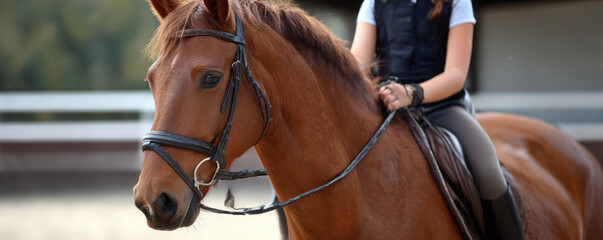 rider on brown horse, showcasing close up view of horse head and rider attire, evokes sense of connection and harmony