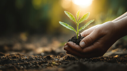 person gently holds small green plant rich soil, symbolizing growth and nurturing. warm sunlight creates hopeful atmosphere