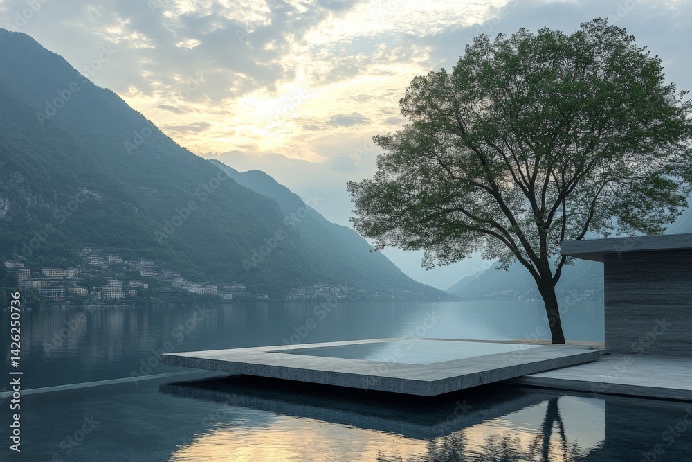Poster Scenic view of a tranquil lake with mountains and a solitary tree at dawn