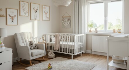 Cozy Neutral Baby Nursery Design - Peaceful, stylish baby room featuring a rocking chair, crib, neutral colors, natural light, and woodland animal prints. Symbolizing comfort, serenity, love, nature