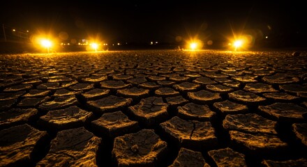 Obraz premium Cracked Earth Under Golden Night Lights - Arid landscape at night, illuminated by distant lights, showcasing the harsh reality of drought and environmental damage. Symbolizes: desolation, fragility