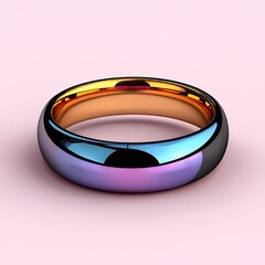 Metallic Ring with Golden and Gradient Blue Purple Black Bands on Pink Background