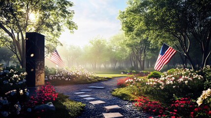 A path with a stone monument and two American flags. The flags are on the ground and the path is lined with flowers. Memorial Day
