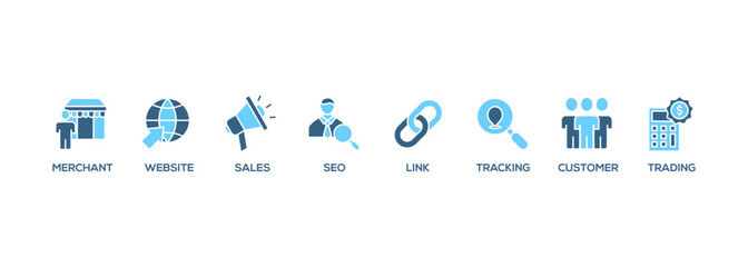 Affiliate marketing web banner icon set symbol vector illustration concept consists of trading, seo, tracking, customer, link, sales, website, merchant icon live stroke