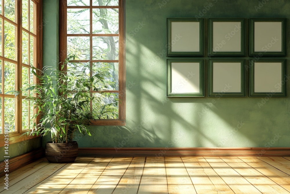 Poster Bright and airy interior space with large windows and plant creating a serene atmosphere for relaxation or creativity