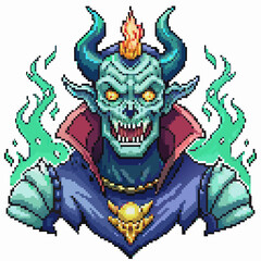 Fototapeta premium Pixel Art Demon Skull with Flaming Eyes and Green Energy Spirals 8 Bit Fantasy Character Design