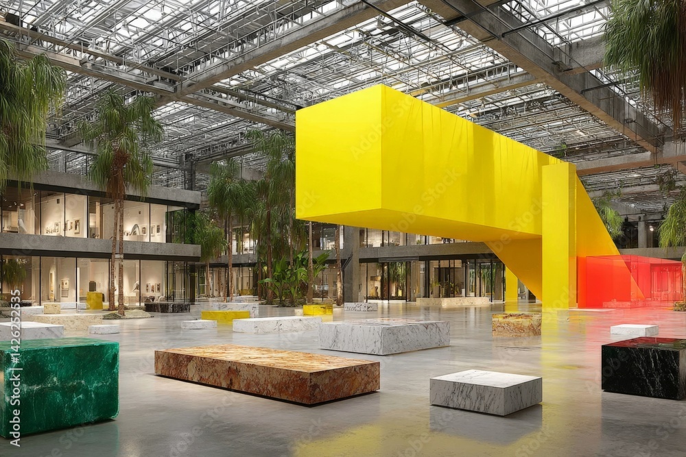 Poster modern art installation in a spacious gallery featuring colorful geometric structures and lush green