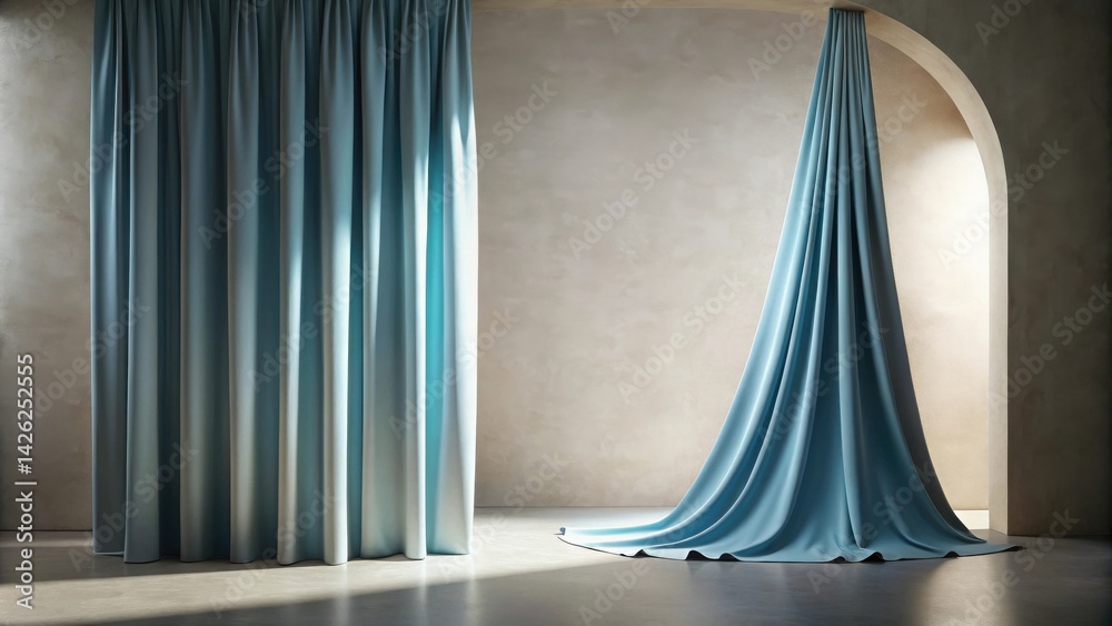Poster light blue drapery in a minimalist interior setting with archway