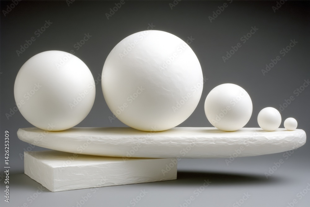 Poster Sculptural arrangement of white spheres on a minimalistic white display surface in an art gallery setting