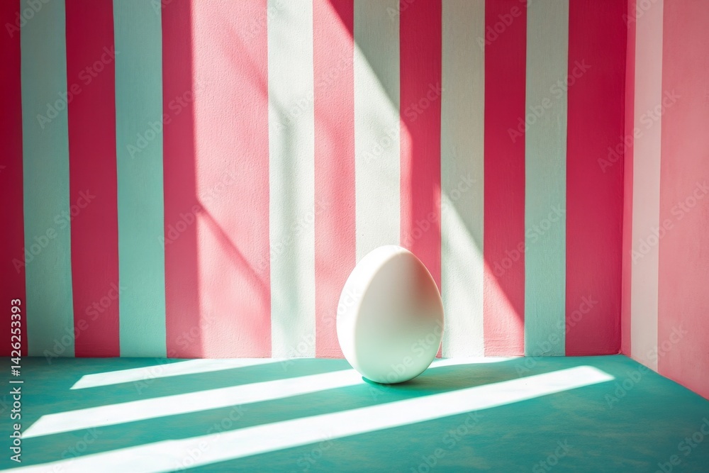 Poster bright pastel colors create a playful atmosphere with a single white egg in a striped room