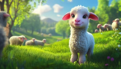 Fototapeta premium Cute lamb smiles in spring pasture; flock grazes; idyllic farm scene; children's book illustration