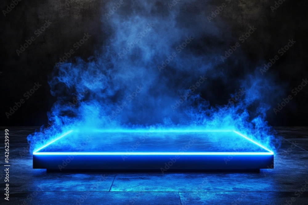 Poster Vivid blue illuminated platform surrounded by fog creating a mysterious atmosphere in a dark environment