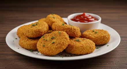Crispy Chicken Nuggets with Ketchup - Delicious golden-brown chicken nuggets served with a side of ketchup on a white plate. Perfect for a quick and satisfying meal