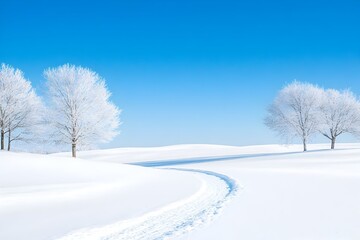 Obraz premium Snow-covered landscape with frost-covered trees and a winding path under a clear blue sky