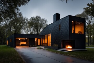 Obraz premium Modern architectural design features sleek black exterior and warm lighting in a serene wooded setting