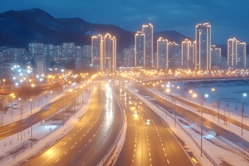 Obraz premium Night city highway traffic, snow-covered, mountains background