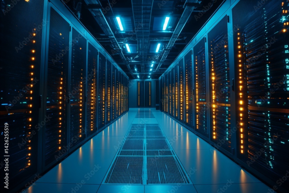 Leinwandbilder Advanced data center corridor with illuminated servers showcasing modern technology and infrastructure