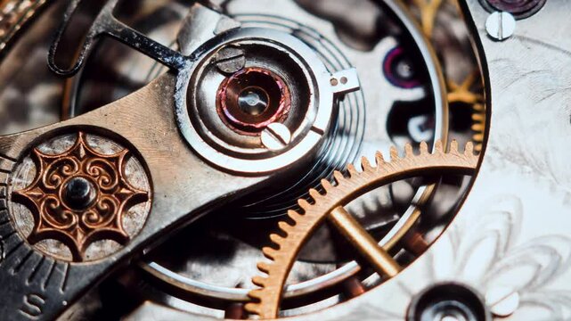 A slow pan moves right to left across vintage pocket watch gears in extreme close-up. Golden cog teeth, a balance spring, and engraved textures reveal the refined detail of antique mechanical design.