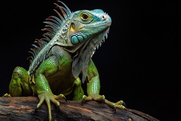 Obraz premium A detailed portrait shows a beautiful green iguana on a log