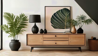 Stylish Scandinavian Living Room Oasis with Wooden Commode, Sleek Black Lamp, and Exotic Tropical Leaves, Embracing Minimalist Charm and Natures Energy