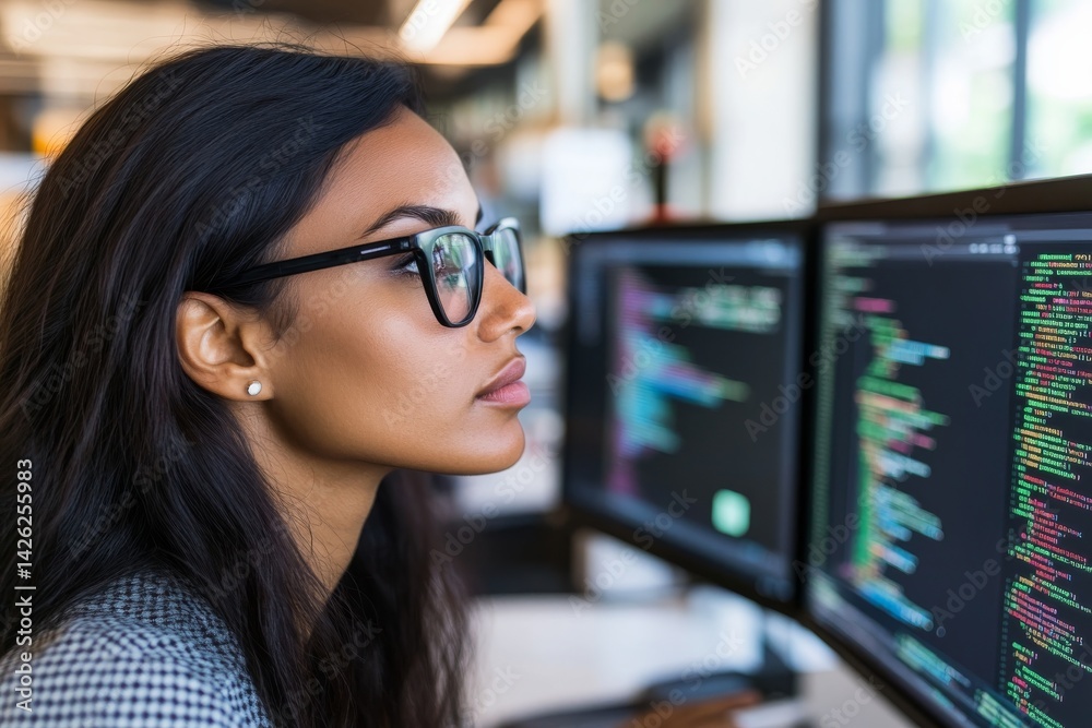 Aufkleber A female coder wearing glasses intently studies a computer screen filled with code, immersed in her work in a contemporary office space