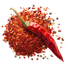 Spicy red chili pepper and crushed chili flakes on a white background showcasing vibrant colors and texture