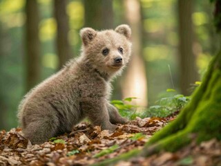 Obraz premium Adorable Bear Cub in the Forest: A Whimsical Wildlife Moment