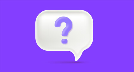 Vector illustration of realistic white color speech bubble with question mark. Social media symbol of communication and faq icon. 3d cartoon style design of speech bubble with question