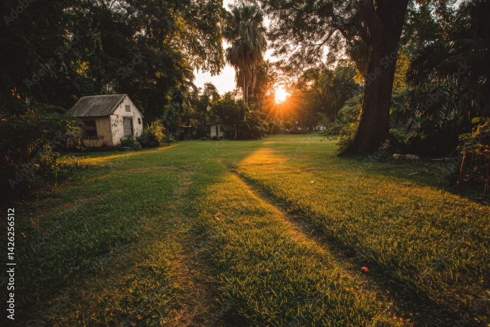 Poster sunset over a serene garden with lush grass and a quaint cottage in the background