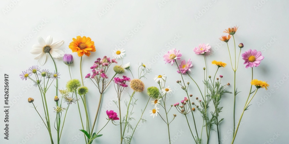 Poster A vibrant array of wildflowers arranged in a delicate, nature-inspired design on a light background