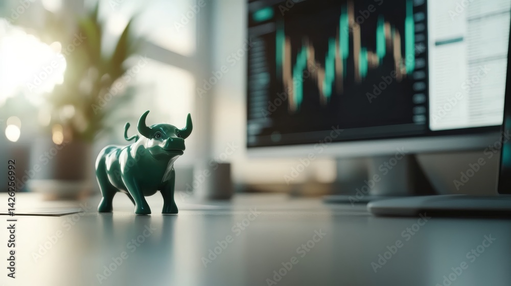 Poster a close-up view highlights a green bull figurine representing financial growth placed on a desk, com