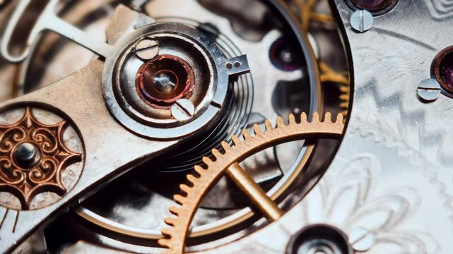 A smooth camera slide reveals a golden gear and engraved plate inside a vintage pocket watch. The motion highlights polished textures, metallic shine, and the elegance of classic mechanical design.