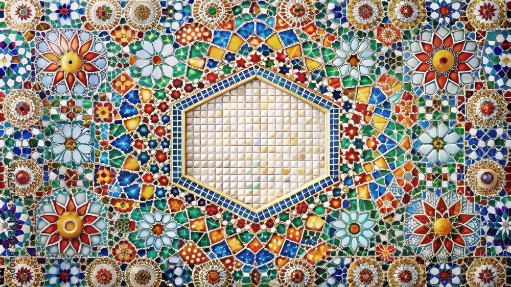 Leinwandbilder Intricate Colorful Mosaic Tile Pattern with Central Blank Space Ideal for Text or Image Placement