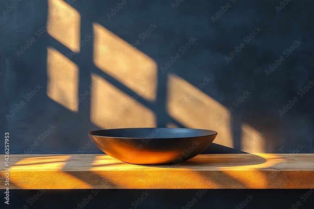 Poster elegant black bowl resting on a wooden shelf with sunlight casting shadows in a modern setting