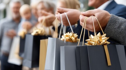 Close-up of a woman's hand showcasing designer shopping bags while family and friends celebrate in a chic boutique environment