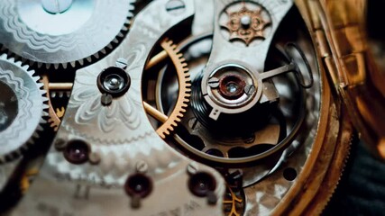 The camera zooms into a vintage pocket watch, revealing ornate gears and polished surfaces. Slow-motion macro footage captures intricate details, showcasing the precision of antique mechanics.