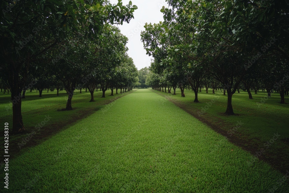 Aufkleber a rubber tree plantation showcases evenly spaced trees under warm sunlight. the lush greenery is com