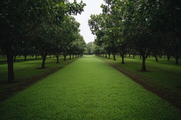 Obraz premium A rubber tree plantation showcases evenly spaced trees under warm sunlight. The lush greenery is complemented by dappled light filtering through the canopy