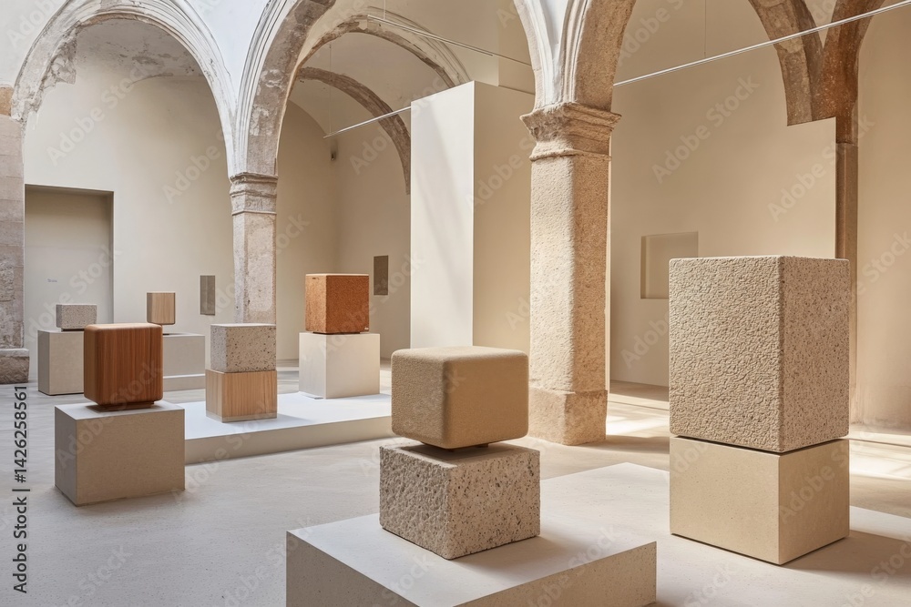 Aufkleber modern art installation featuring sculptural blocks in spacious gallery setting