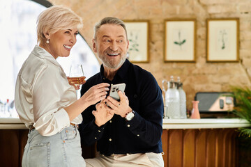 Joyful moments shared between a charming couple at a cozy bar