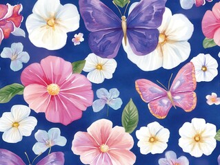 Obraz premium Watercolor butterfly and flower pattern on blue